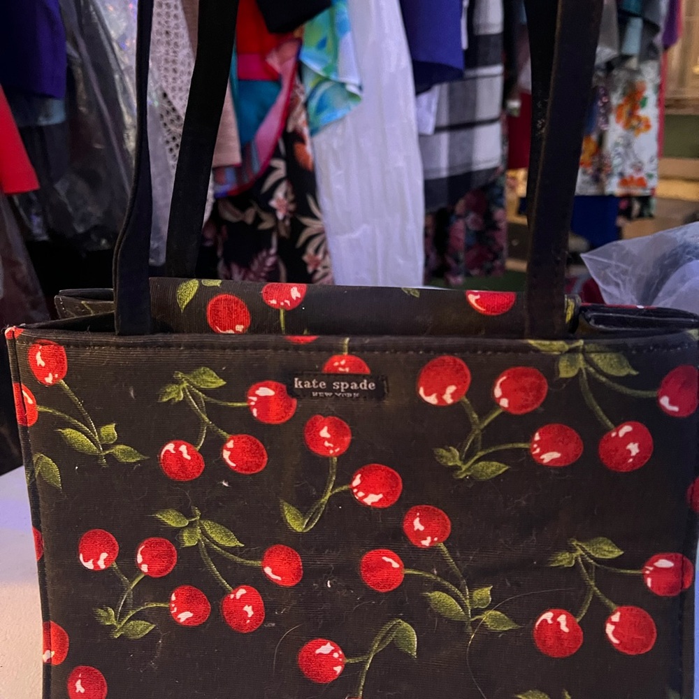 Kate Spade Black Tote with Red Cherry Design- preloved